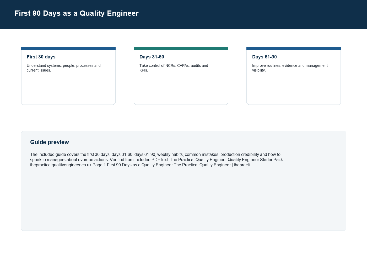 Quality Engineer Starter Pack first 90 days guide screenshot