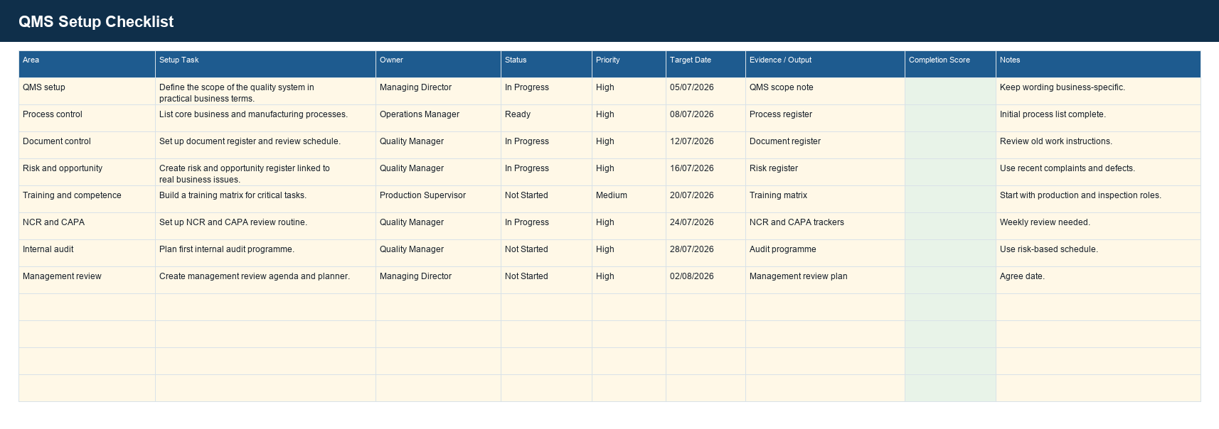 Small Manufacturer QMS Starter System setup checklist screenshot